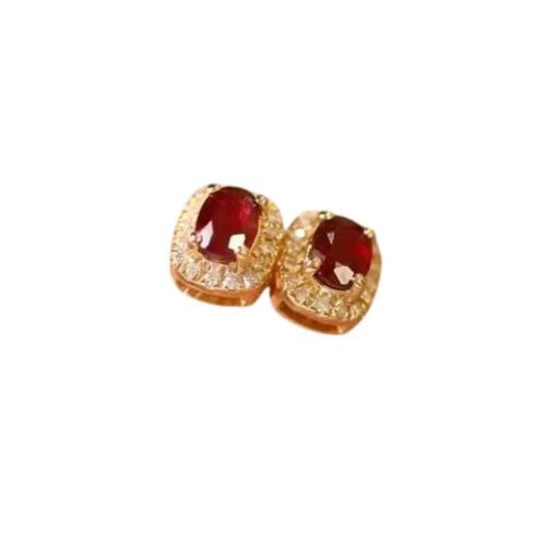 Real Gold Natural Ruby Diamond Stud Earrings Pigeon Blood Red Color
